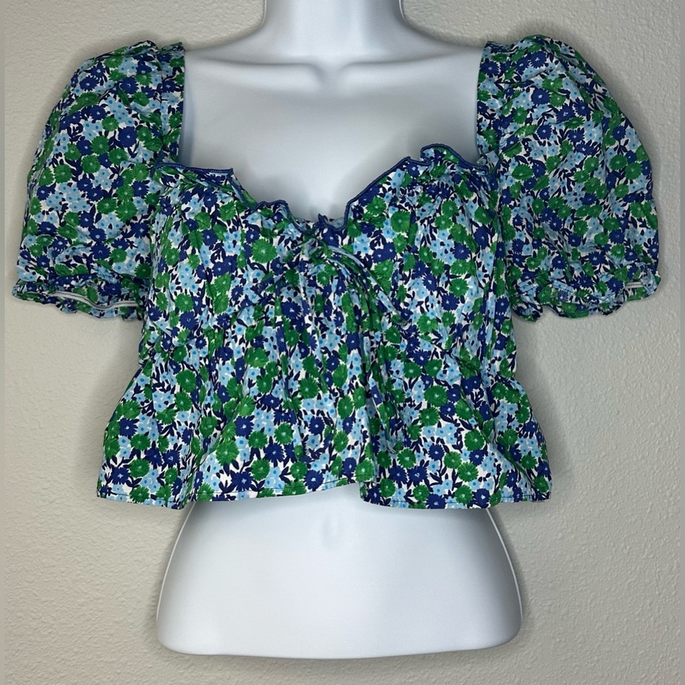 Zara Blue Green Floral Puff Sleeve Ruched Crop Top Size XS